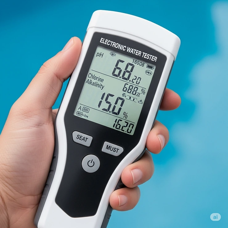 A hand holding a modern electronic pool water tester, displaying accurate readings for pool chemistry, ensuring safe and clean swimming conditions.