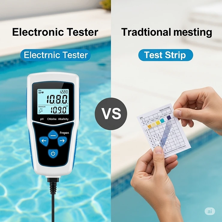 Comparison graphic highlighting the accuracy and ease of an electronic pool water tester next to traditional test strips, demonstrating superior results.
