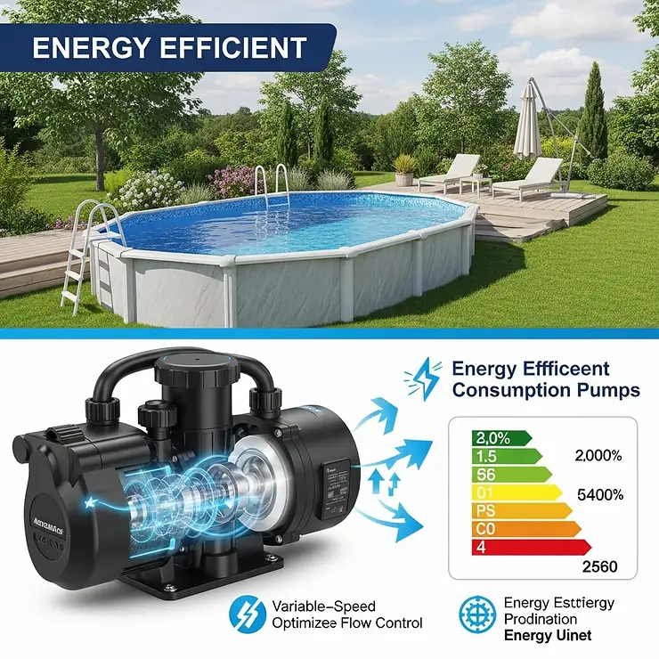 A graphic depicting an energy-efficient above ground pool pump with a focus on its low power consumption and environmental benefits, helping users save on electricity.