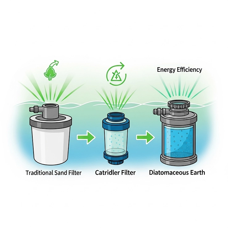 Infographic on the energy efficiency of various pool filters, helping homeowners choose the best pool filters for inground pools to save on utility costs.