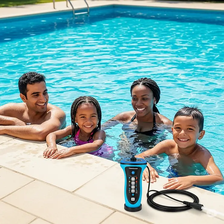 A family enjoying a sparkling clean swimming pool, a result of regular monitoring with an accurate electronic pool water tester, ensuring safe and enjoyable recreation.
