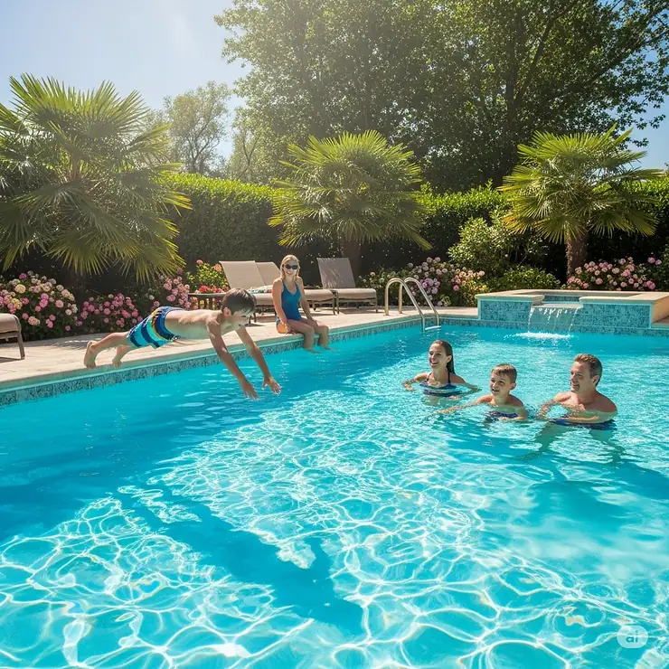 Family enjoying a crystal-clear swimming pool, made possible by effective liquid pool stabilizer for lasting clarity.