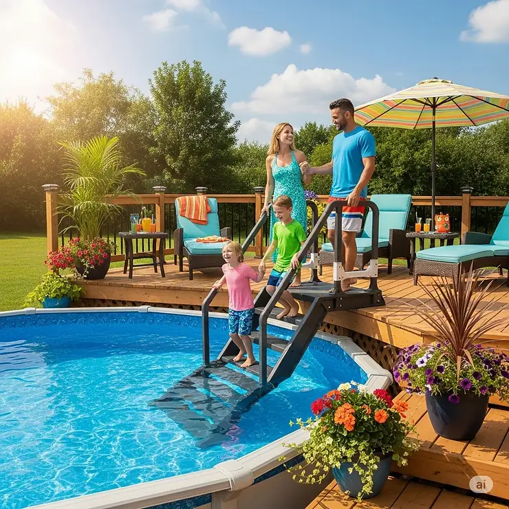 A happy family safely using the wide, stable stairs to enter their above ground pool, with their deck serving as a perfect lounge area.