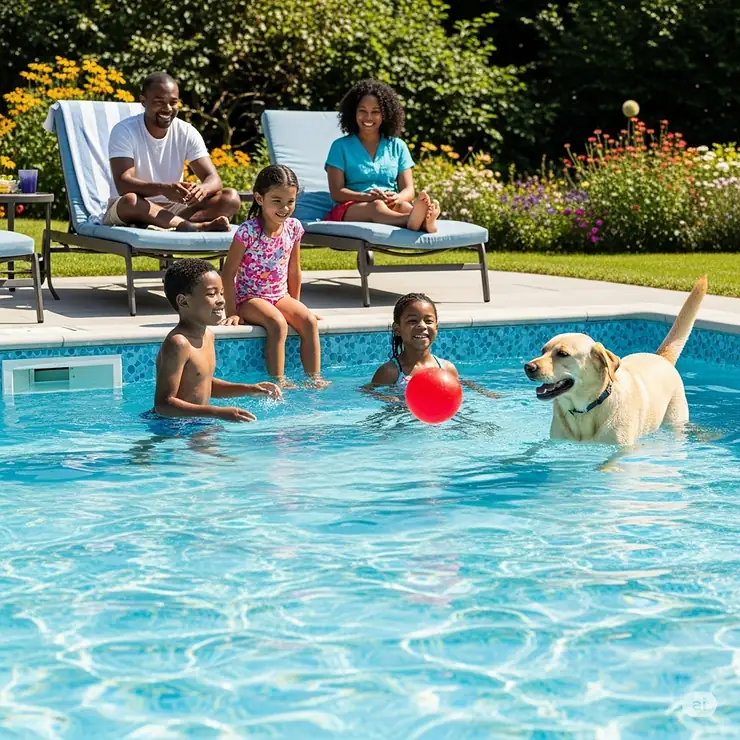 A happy family with children and a pet dog relaxing next to their clean and clear above-ground saltwater pool on a sunny day.
