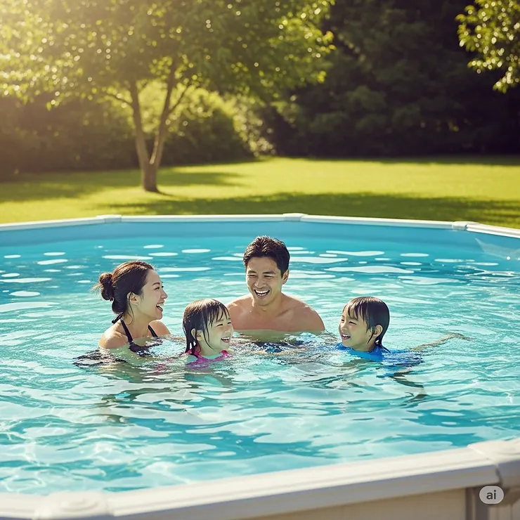 Happy family enjoying a refreshing swim in their clean and gentle salt water above ground pool.