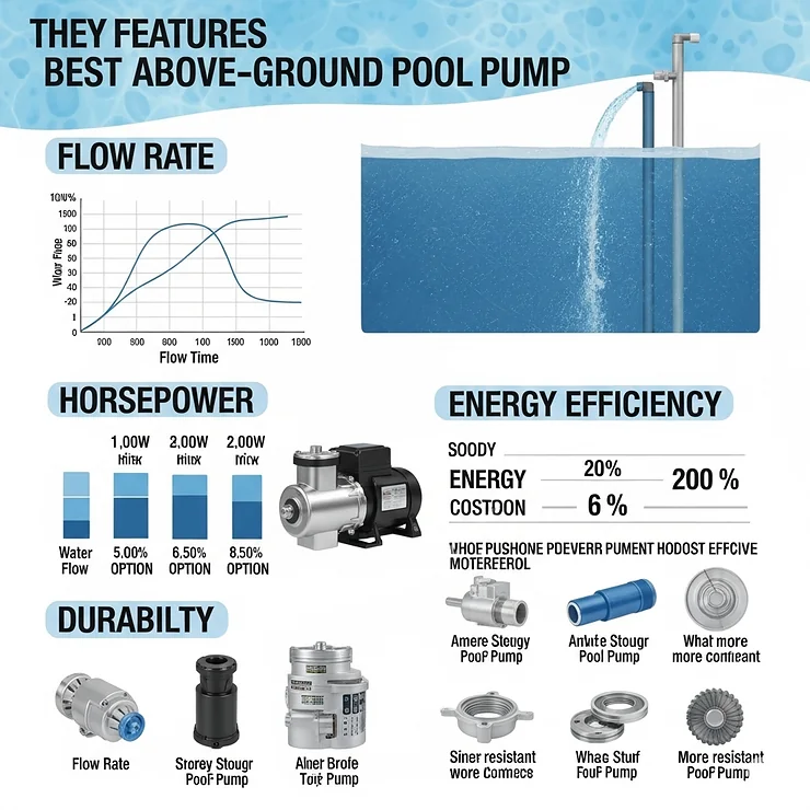 An infographic highlighting key features to look for in the best above ground pool pump, such as flow rate, horsepower, energy efficiency, and durability.