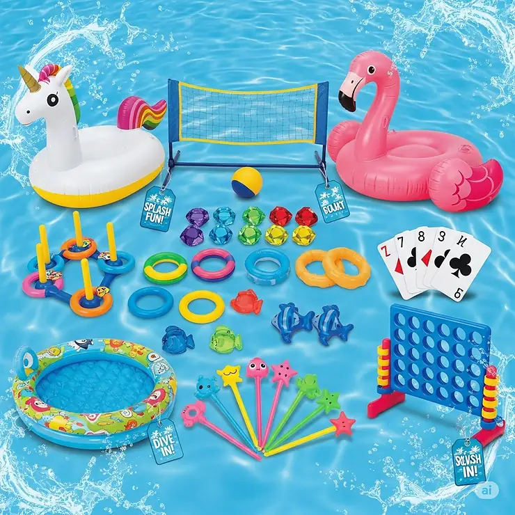Exciting swimming pool games set, including diving toys and inflatables, making for entertaining swimming pool gifts for kids and adults.