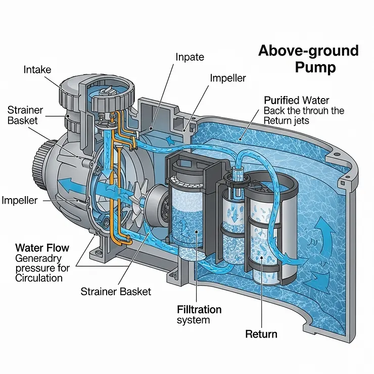 A detailed diagram illustrating the internal workings of an above ground pool pump, demonstrating water flow, filtration, and return to the pool for optimal circulation.