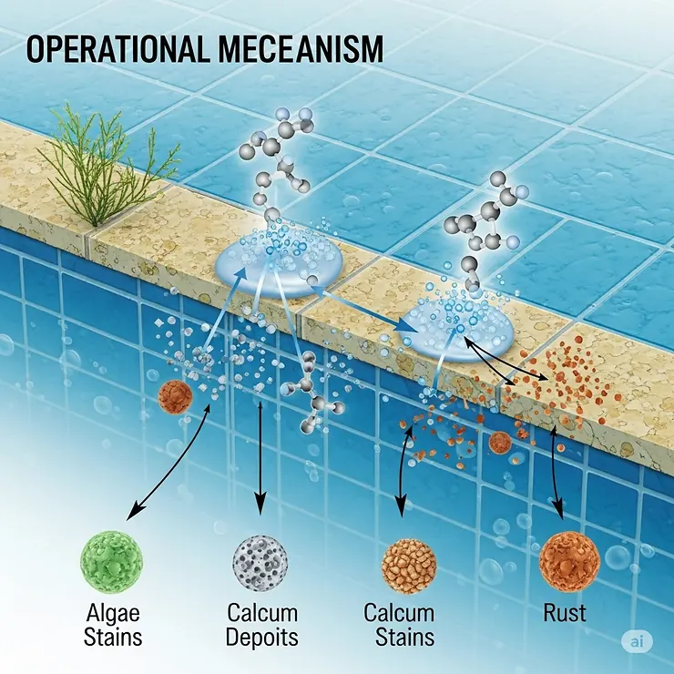 A diagram illustrating how a swimming pool tile cleaner works on a microscopic level, showing the cleaner breaking down and dissolving various types of stains (algae, calcium, rust) on the tile surface.