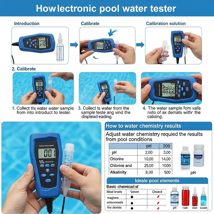 Step-by-step guide on how to properly use an electronic pool water tester, simplifying the process of maintaining pristine pool conditions.
