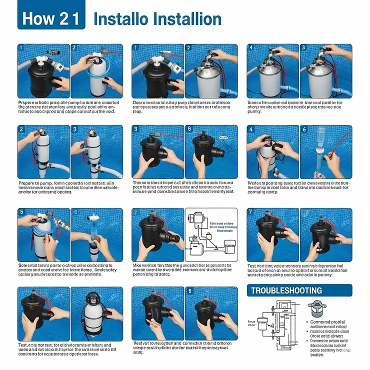 A step-by-step visual guide on how to properly install an above ground pool pump, ensuring secure connections and correct plumbing for efficient operation.