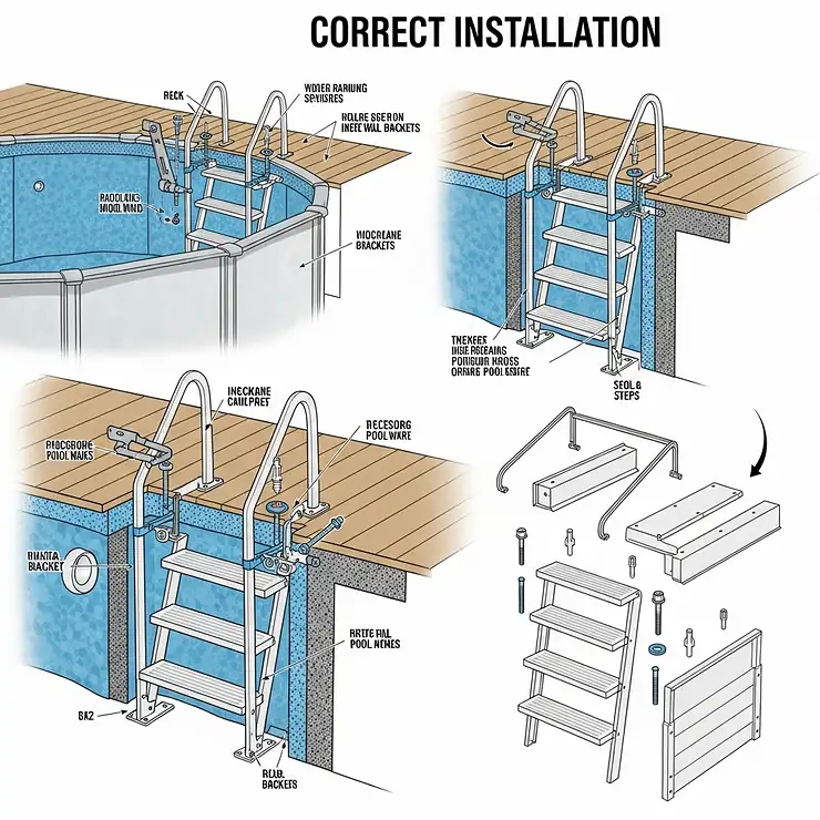 Diagram illustrating the correct installation process for pool steps in an above ground pool setup.