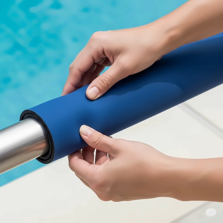 Hands demonstrating the easy installation process of a pool handrail cover, sliding it smoothly onto a standard pool rail.