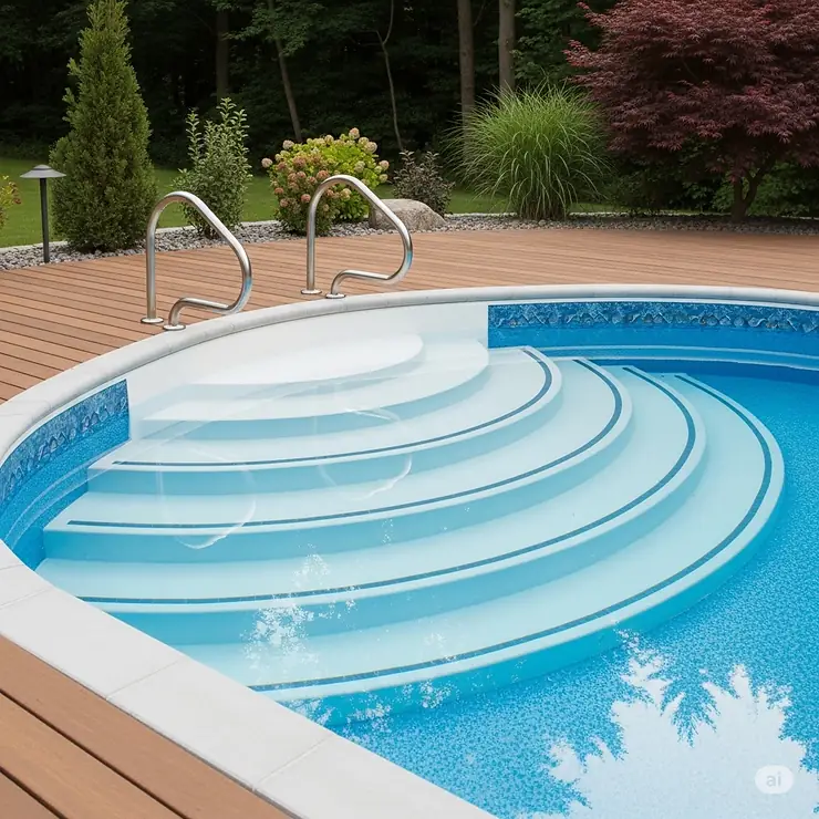 Wedding cake style internal pool steps providing wide and gradual entry into an above ground pool.