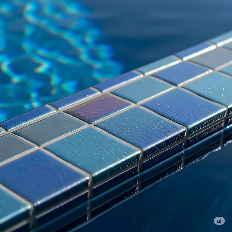 Close-up of beautiful iridescent blue pool waterline tile, showcasing its shimmering effect and adding elegance to the pool's edge.