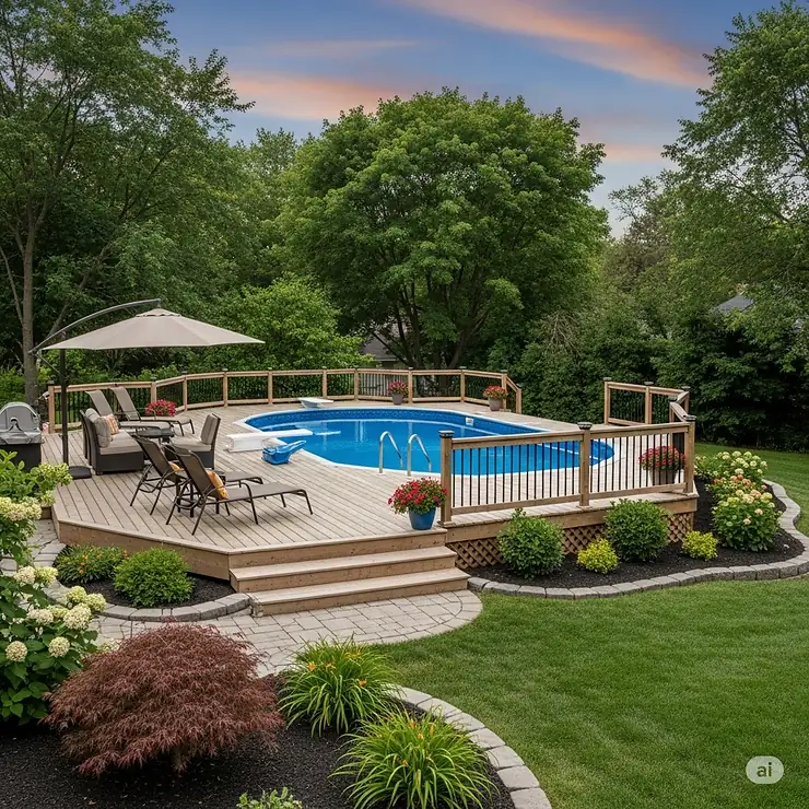 Lush landscaping complementing a deck built around an above ground pool, enhancing the backyard oasis.