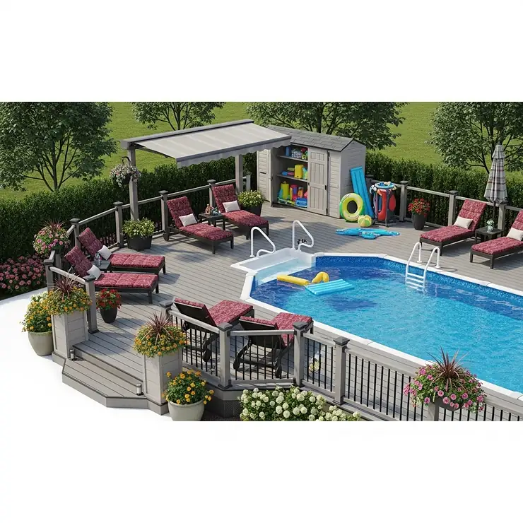 Expansive wrap-around deck design for an above-ground pool, offering ample space for lounge chairs and pool accessories.