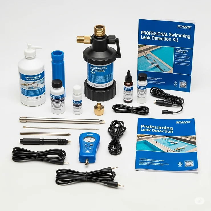 Various tools and solutions included in a professional swimming pool leak detection kit laid out for easy identification.
