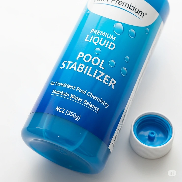 Close-up of a premium liquid pool stabilizer bottle, highlighting easy application for consistent pool chemistry.