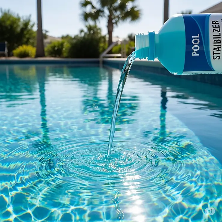 Bottle of liquid pool stabilizer being poured into a swimming pool to protect chlorine from UV rays.