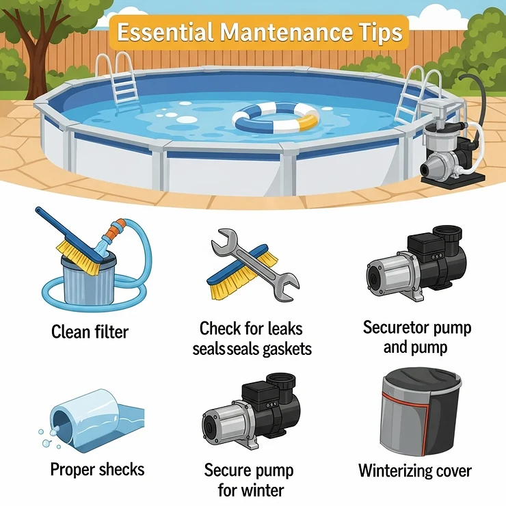 An illustration showing essential maintenance tips for an above ground pool pump, including cleaning filters, checking seals, and winterizing, to extend its lifespan.