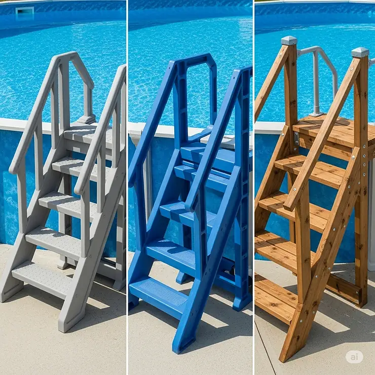 A visual comparison of different materials for above ground pool stairs, including resin, plastic, and treated wood, highlighting their durability and aesthetic appeal.