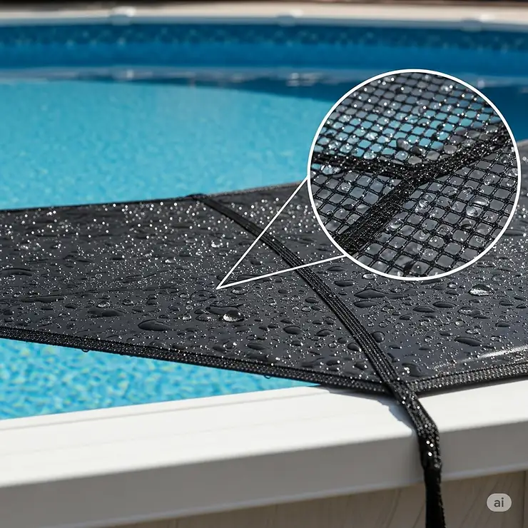A tightly woven black mesh above-ground pool cover allowing rainwater to drain through while keeping leaves and large debris out, highlighting its effectiveness as a durable above ground pool cover.