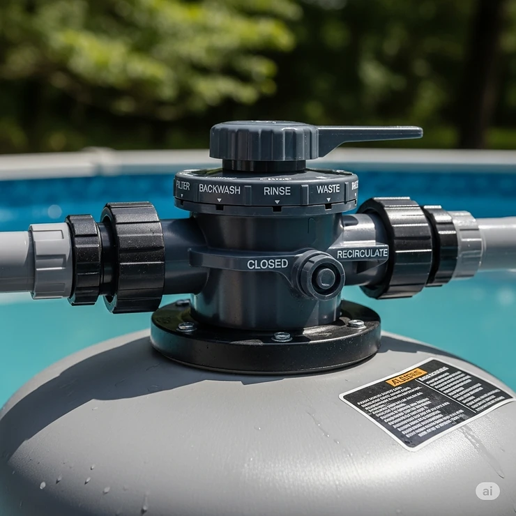 Close-up view of a multiport valve on an above ground pool sand filter, showing the common settings like filter, backwash, rinse, waste, recirculate, and closed.