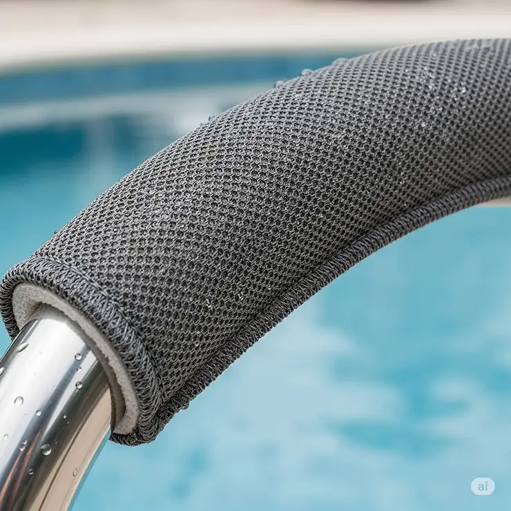 Close-up of a padded mesh pool handrail cover, offering extra cushioning and quick-drying properties for enhanced user comfort.