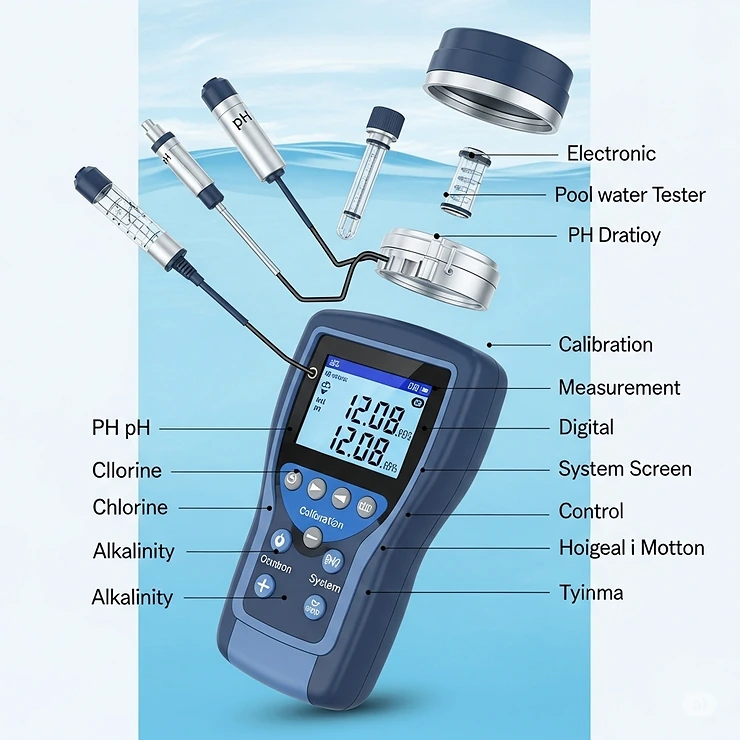 Diagram illustrating the main components of an electronic pool water tester, such as the probes, digital screen, and control buttons, for comprehensive water analysis.