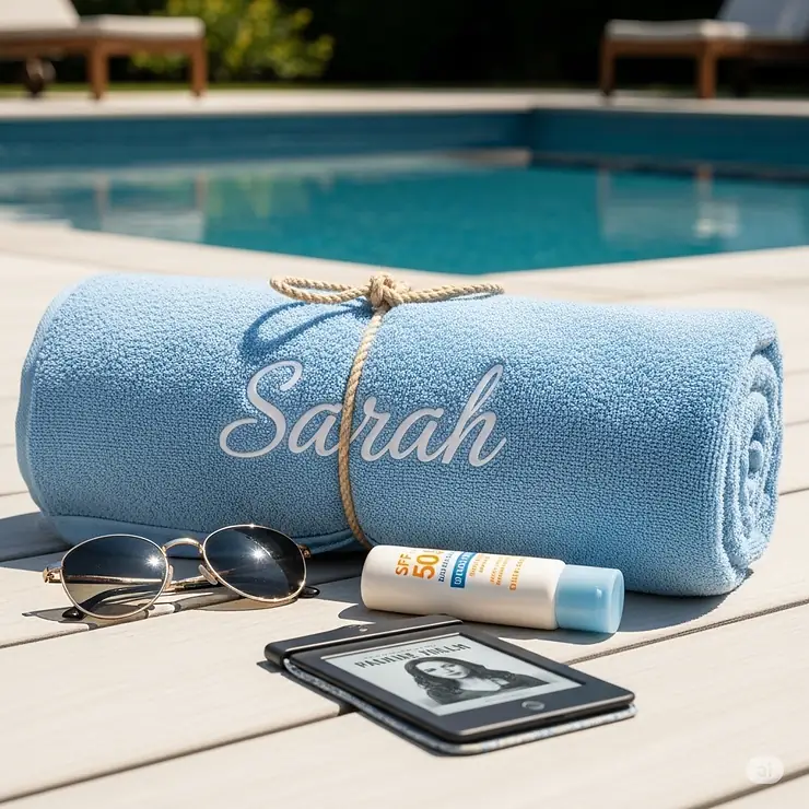 Soft, personalized beach towel, a thoughtful and practical swimming pool gift for anyone who loves spending time by the water.