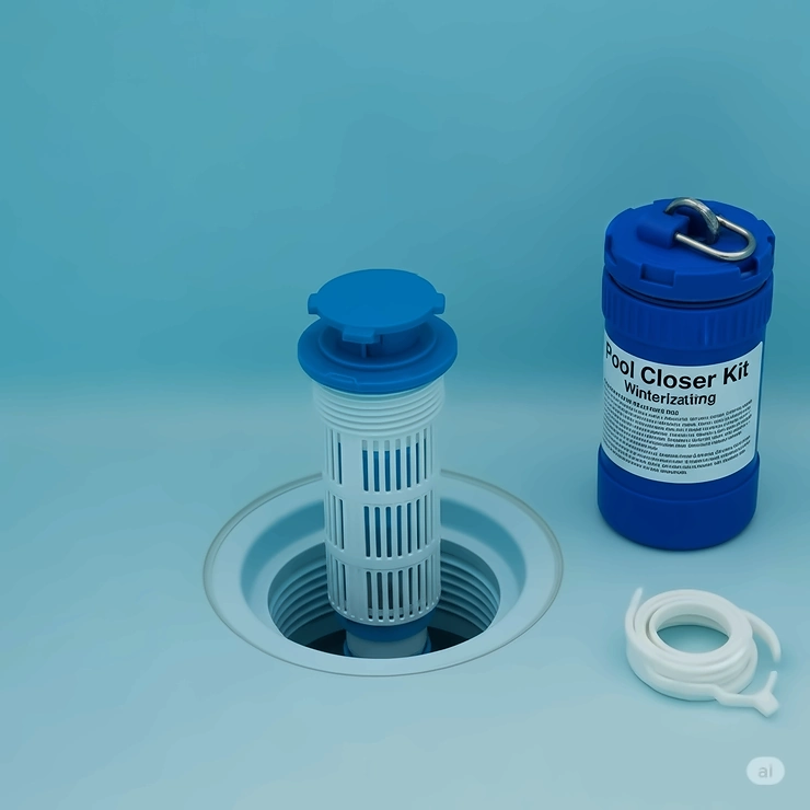 A main drain plug for a swimming pool, showing its proper placement to prevent water from entering lines during pool winterization with a pool closure kit.