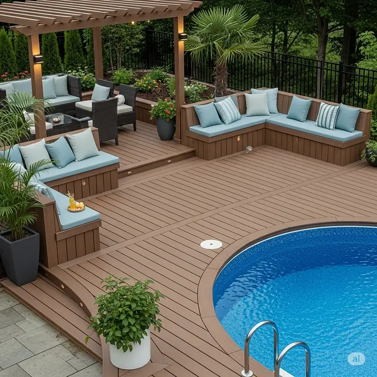 Creative above-ground pool deck with built-in bench seating, maximizing space and comfort.