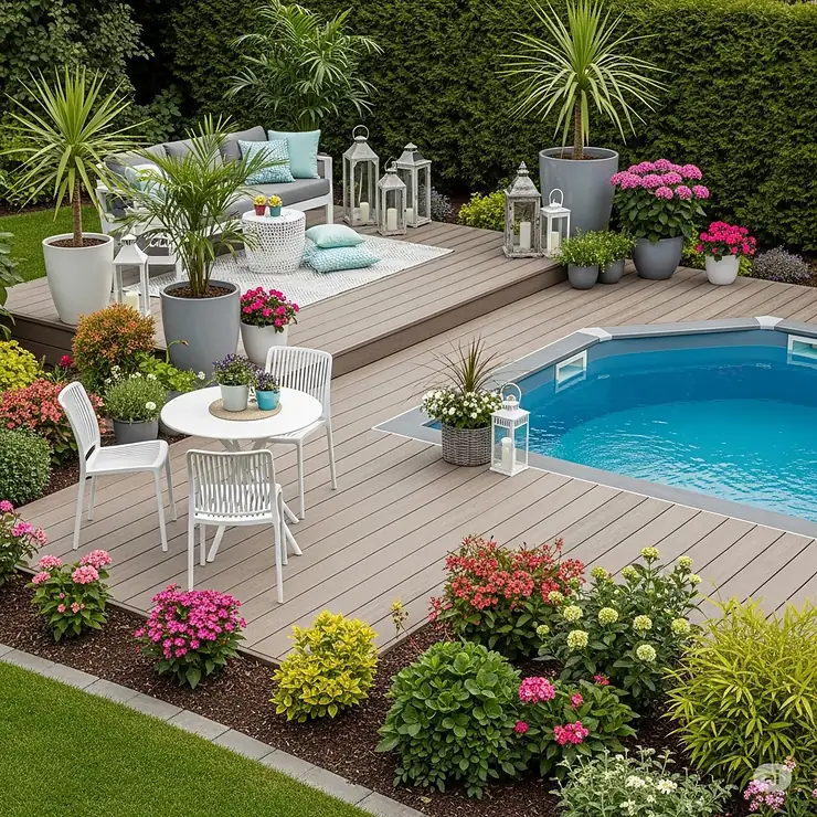 Beautifully landscaped above-ground pool deck, incorporating potted plants and decorative elements for an inviting outdoor oasis.