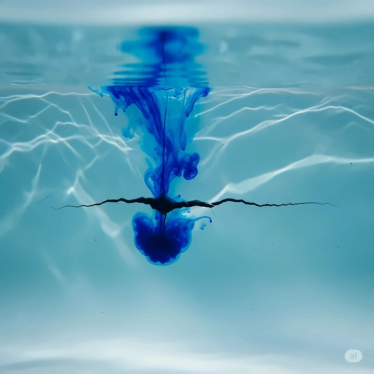 Pool leak dye being drawn into a small crack at the bottom of a swimming pool, indicating the leak location.