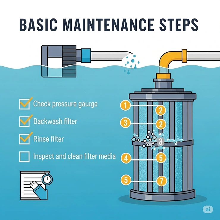 Visual checklist for essential pool filter maintenance, ensuring optimal performance from the best pool filters for inground pools.
