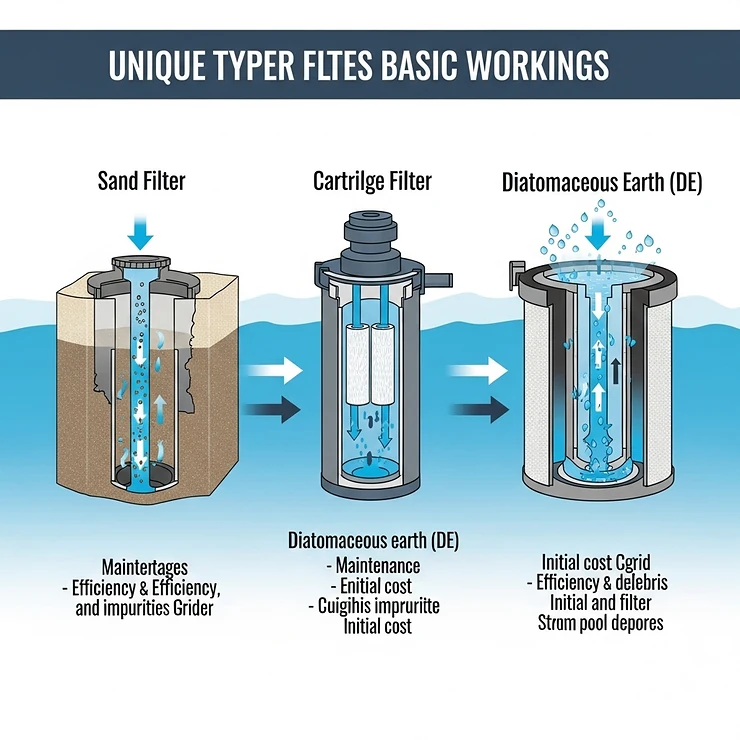 Diagram comparing different types of pool filters, including sand, cartridge, and DE filters, to help homeowners choose the best pool filters for inground pools.