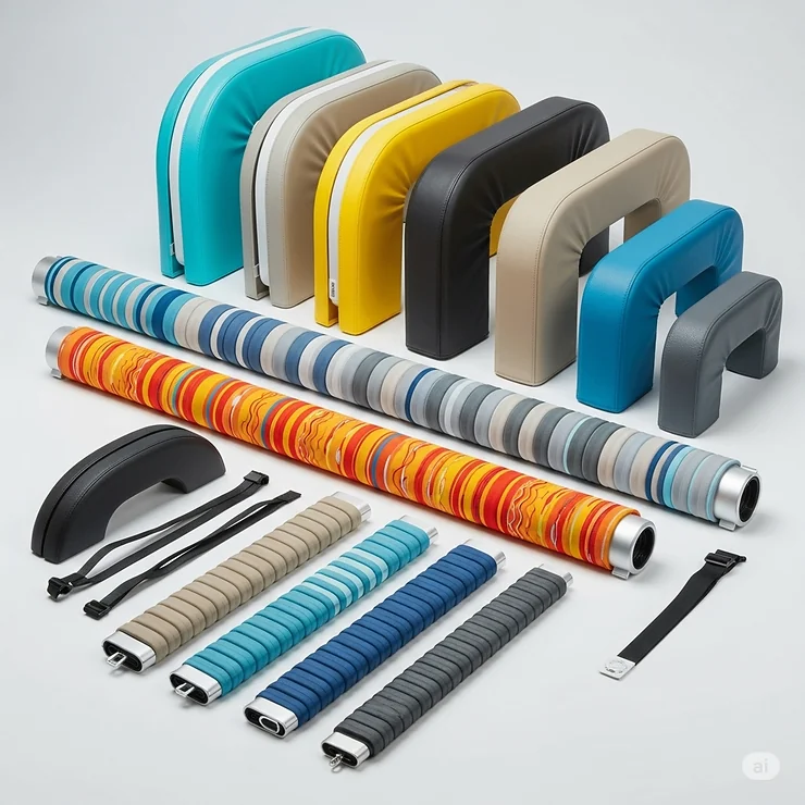 Assortment of vibrant and neutral colored pool handrail covers, showcasing different styles and sizes to match any pool decor.