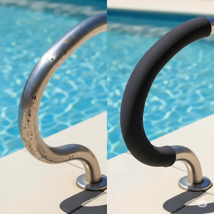 Side-by-side comparison of a bare, worn pool handrail next to one outfitted with a sleek new pool handrail cover, highlighting the aesthetic improvement.