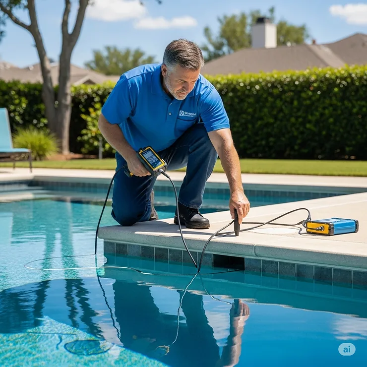 Professional pool leak detection specialist inspecting a residential swimming pool for hidden water loss.