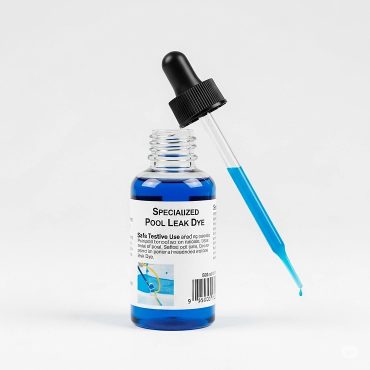 A bottle of specialized pool leak dye with a dropper, ready for testing.