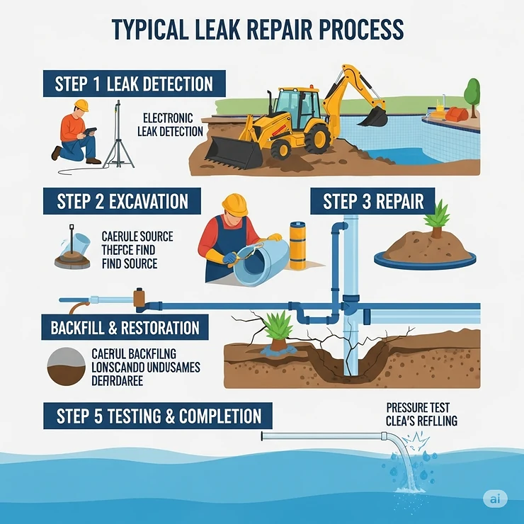 Infographic outlining the steps involved in a typical pool leak repair process.
