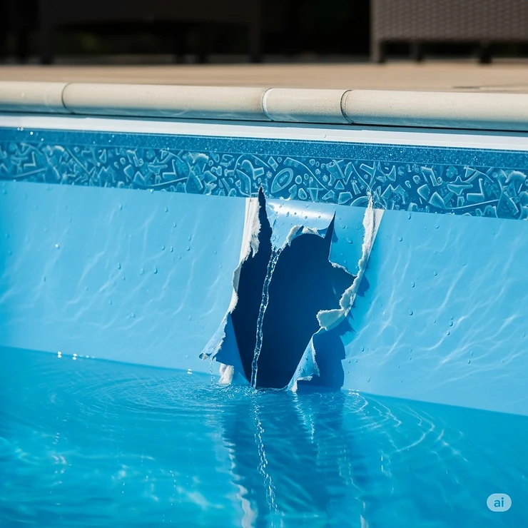 Visual representation of a tear in a pool liner, a frequent cause of a pool leak.
