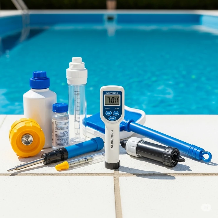An electronic pool water tester displayed alongside other essential pool maintenance tools, emphasizing its role in a complete pool care routine.