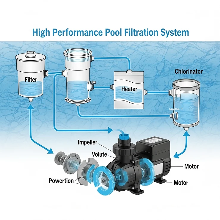 A simplified diagram showing the water flow through a pool filtration system with the pump as its core, demonstrating how the best pool pump ensures efficient water circulation.