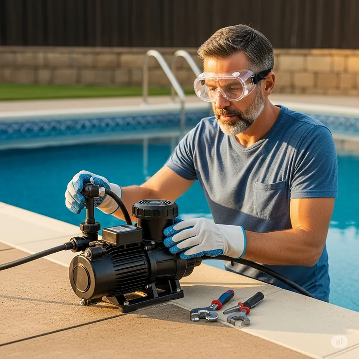 Pool owner performing routine inspection on a salt water swimming pool pump to ensure optimal performance and longevity.