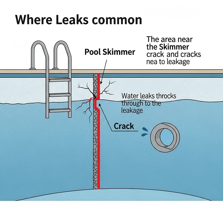Diagram showing a crack near a pool skimmer, indicating a common area for a pool leak.