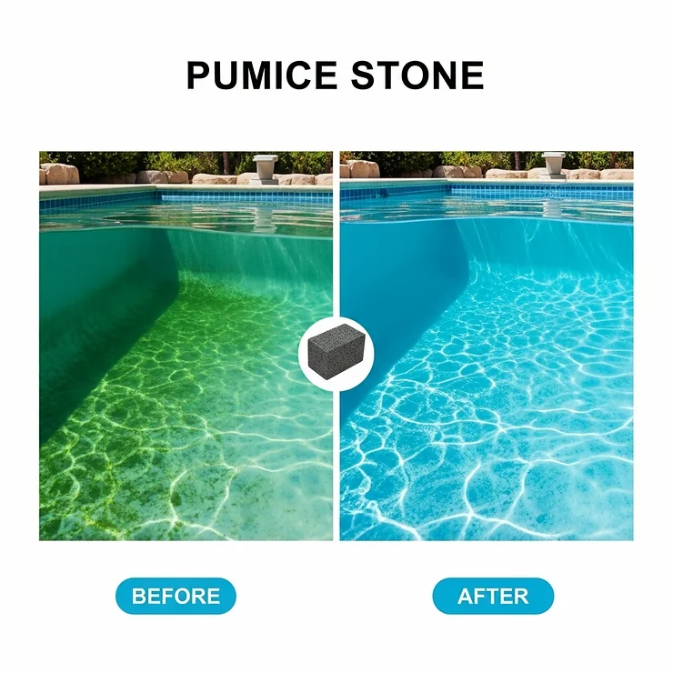 Diagram showing a "before" section of a pool with algae buildup and an "after" section sparkling clean after using a pumice stone for pool.