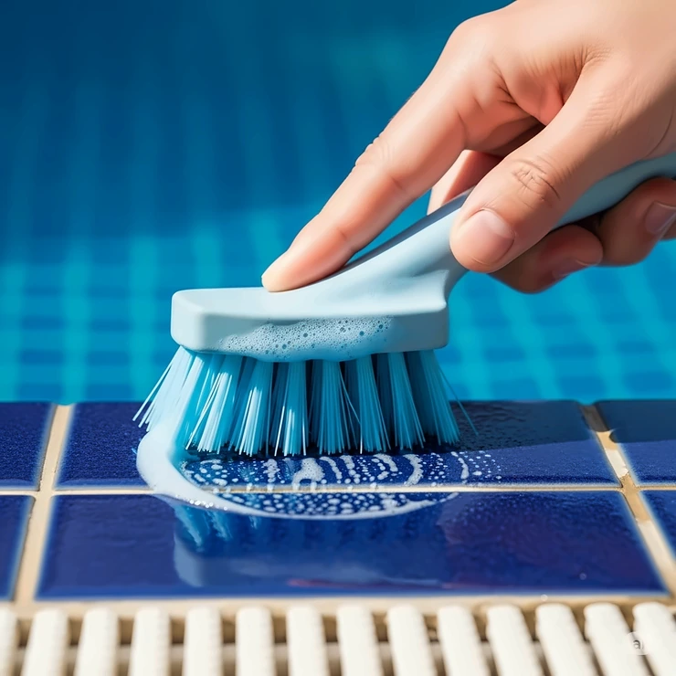 Close-up of a hand demonstrating pool tile cleaner application with a scrubbing brush.
