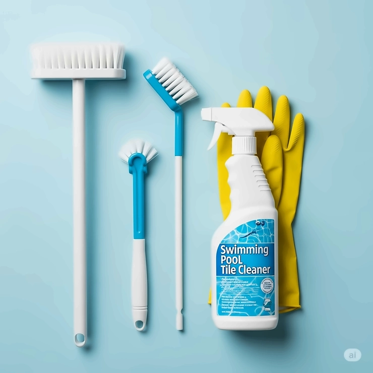 An array of essential tools for pool tile maintenance, such as various brushes, scrubbers, and protective gloves, often used in conjunction with a swimming pool tile cleaner.